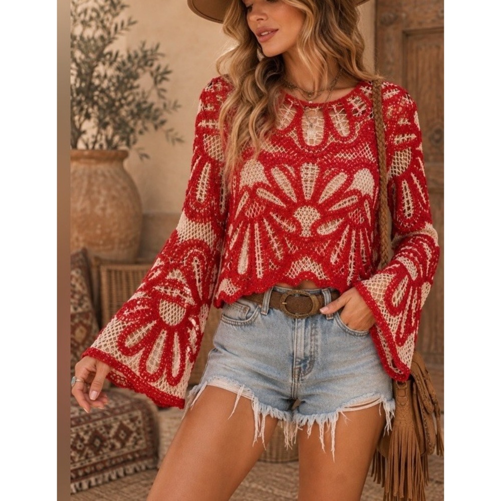 Solitaire by Ravi Khosla Red & Cream Crochet Knit Blouse Size Large (13-b48)